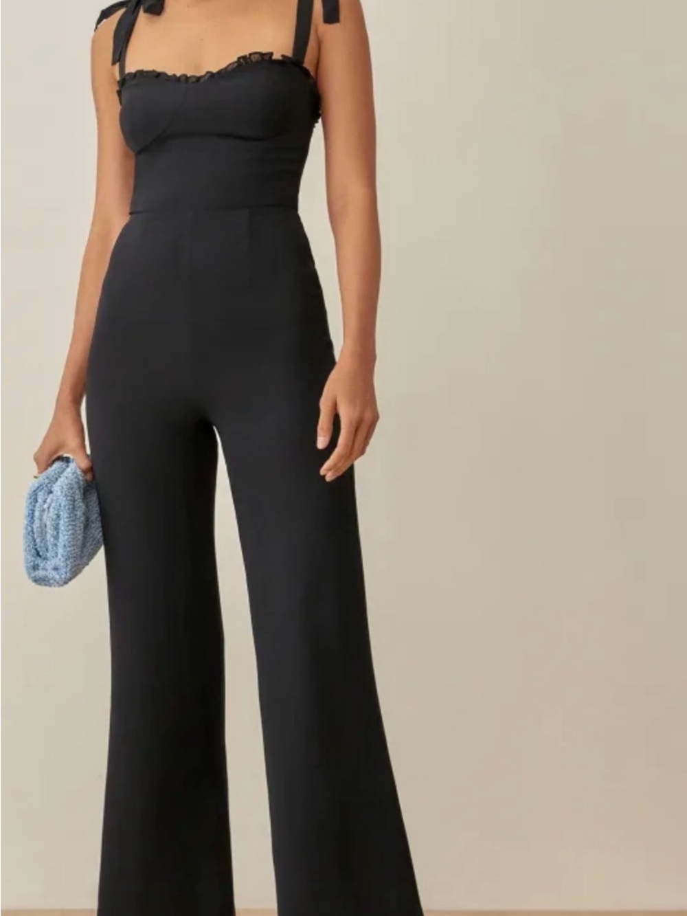 Reformation Black Tie-Shoulder Square-Neck Jumpsuit, Cropped Flare - Picture 2 of 13